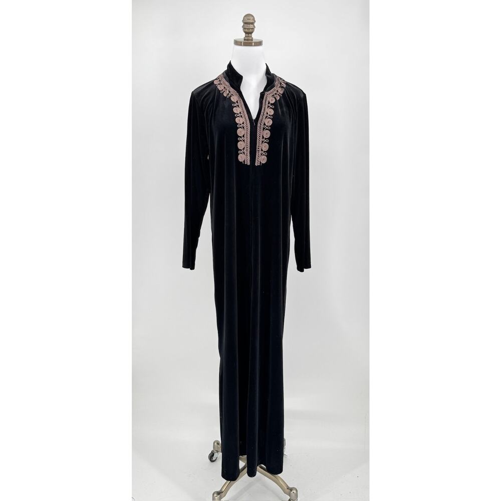 I.Magnin Black Velvet Bronze Embroidery Elegant Full Zip Lounge Robe Sz M